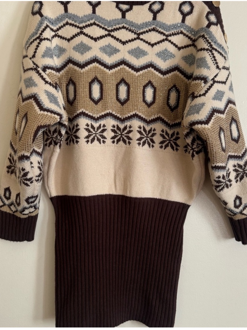 Retrofete Cream, Brown and Gold Knit Asymmetrical Crystal Embellished Mini Dress